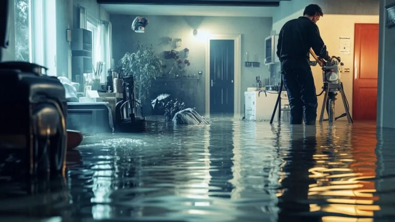 Restoration technician setting up equipment in a flooded living space with standing water